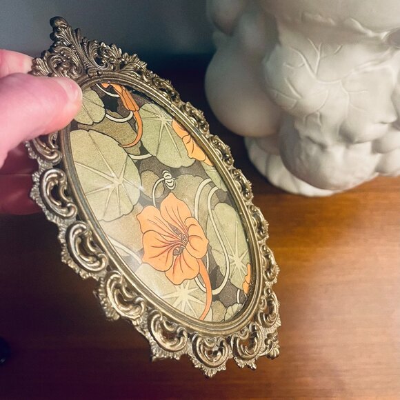 Antique Hanging Brass Frame in Ornate Floral Design with Convex Glass Cover - Picture 6 of 7